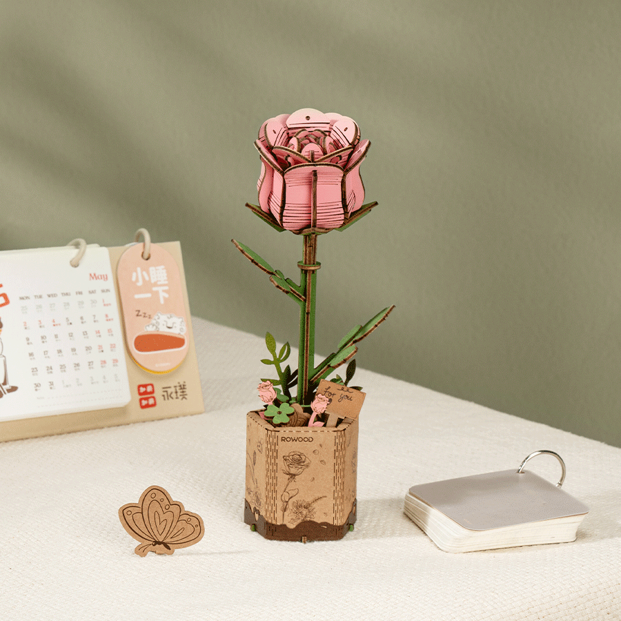 Rowood Holzblume 3D Holzpuzzle Pinke Rose